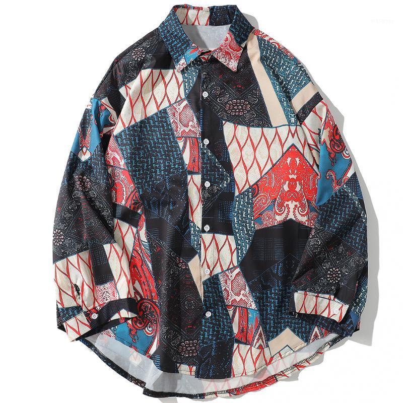 

Men's Casual Shirts Autumn Japanese Ukiyo Geometric Patchwork Long Sleeve 2022 Hip Hop Streetwear Men Women Shirt Kj169, Black