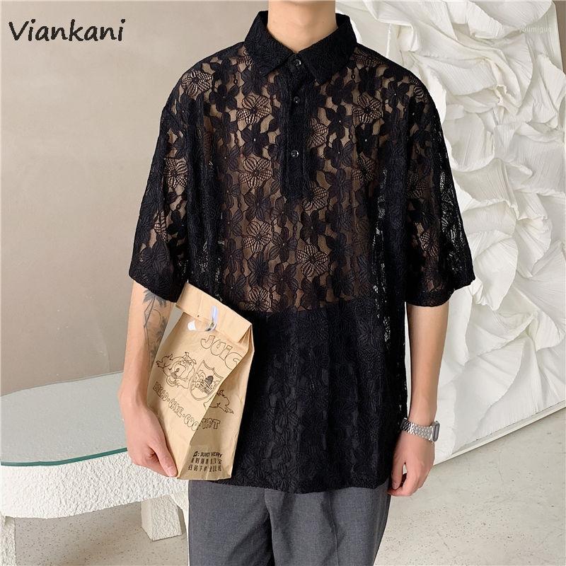 

Men's Casual Shirts Men Summer Nightclub Korean Fashion Loose Blouse Male Harajuku Streetwear Hip-hop Mesh Short Sleeve Shirt, Beige