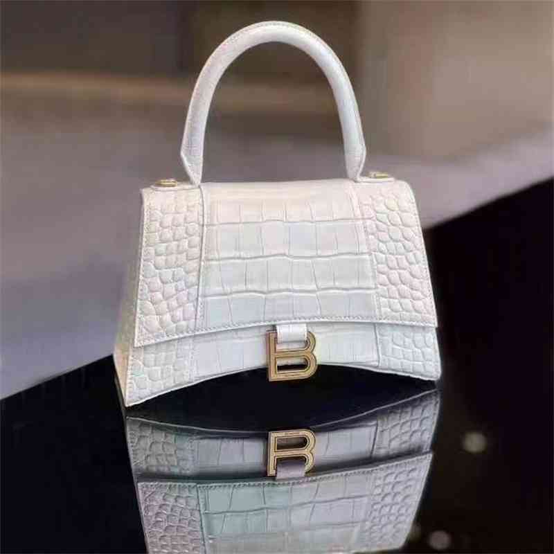 

Balencaigass Handbags Designers b Family Head Leather Crocodile Pattern Hourglasss Bag Light Luxury Ice White Women's Bag Single Shoulder Cross, Crocodile gold clasp