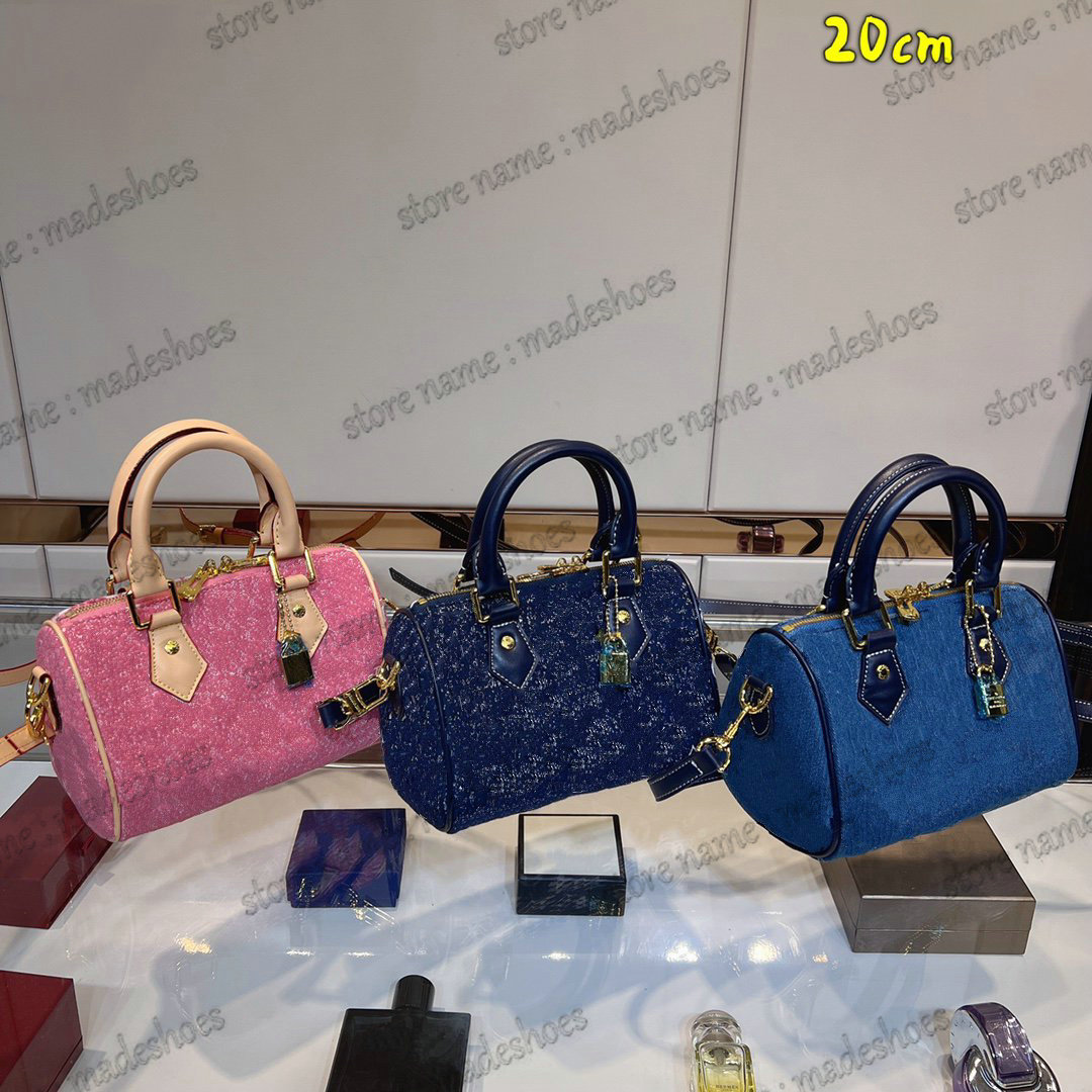 

Blue Pink Denim Speedy Bandouliere 20cm Boston Bag 16cm Nano Super Mini Designer Women CrossBody Luxurys Jacquard Handle Bag