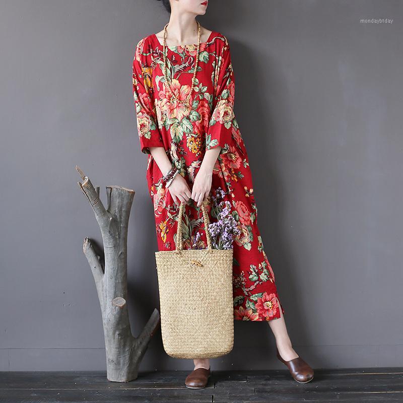 

Casual Dresses TaFiY Summer Autumn Women Vintage Print Square Collar Three Quarter Sleeve Loose Long Cotton Dress Robes, Red