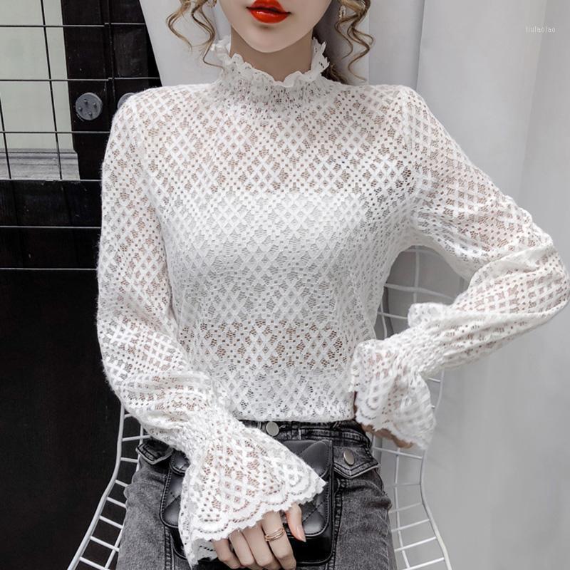 

Women' Blouses & Shirts 2022 Spring Women Blouse Shirt Elegant Slim Flare Sleeve Hollow Out Lace Tops Sexy Embroidered Bottoming, Black