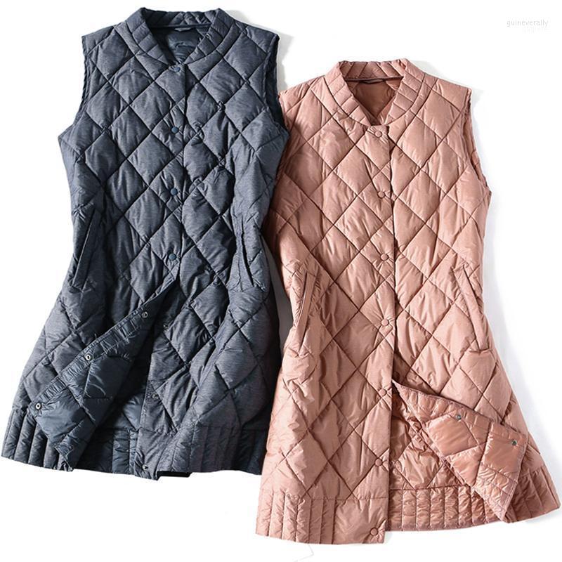 

Autumn Winter Women Sleeveless Long Down Jacket Ultra Light White Duck Vest Coat Lady Slim Baseball Waistcoat Outwear S2122 Women's & Parkas, Gray