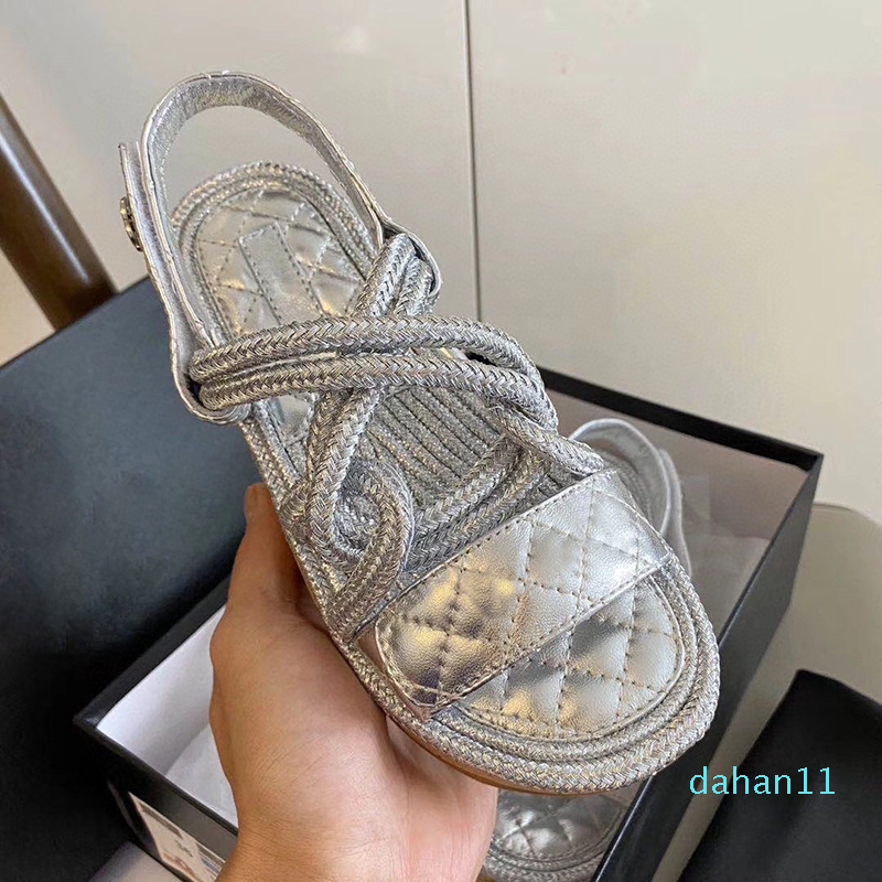 

2022-blade women's hemp rope woven metal chain sandal slipper designer fashion luxury elegant simple material flat shoes comfortable design, Color 1