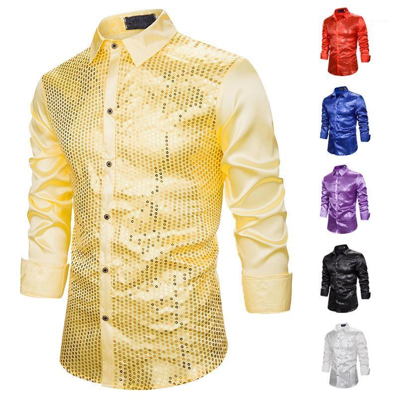 

Spring And Autumn Sequins Show Nightclub Men' Host Emcee Bronzing Lapel Long-sleeved Shirt Casual Shirts, Black