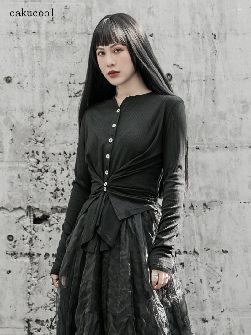 

Women' Blouses & Shirts Cakucool 2022 Spring Dark Black Irregular Button Fashion Was Thin And Short Slim-fit Knitted CardiganWomen' Vere22