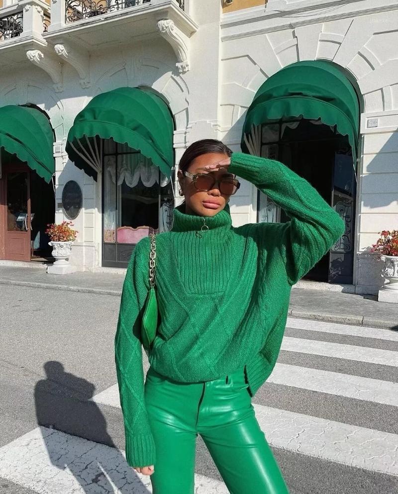 

Women' Sweaters XIKOM 2022 Women Solid Vintage Loose Long Sleeve Knitted Sweater Female Mock Neck Elegant Pullover Streetwear Casual Chic T, Green