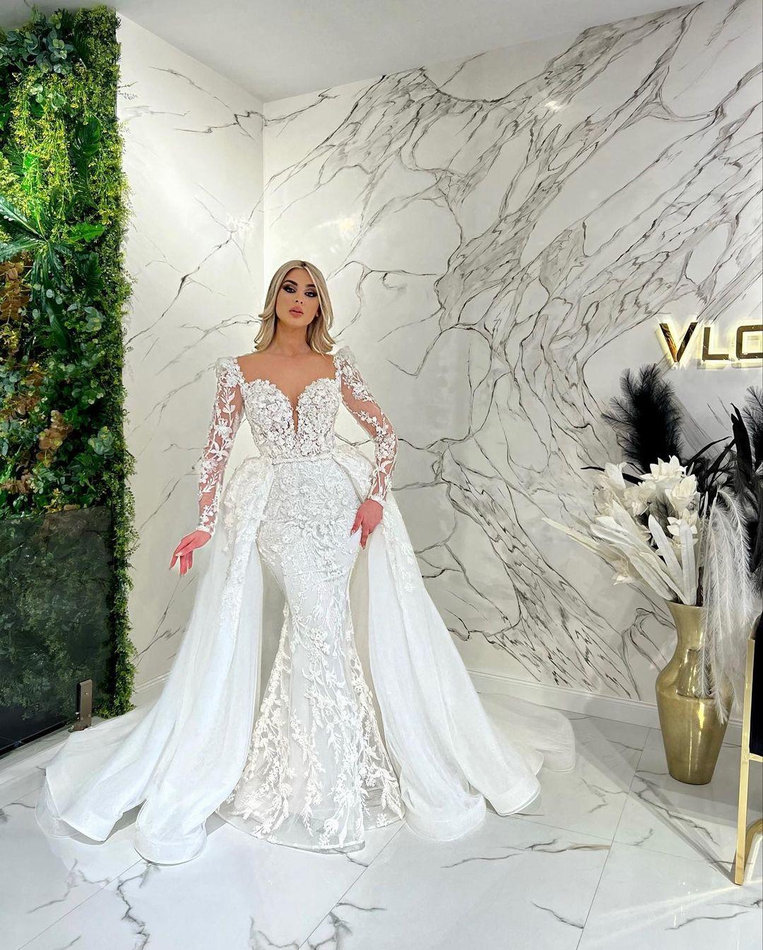 

Plus Size Arabic Aso Ebi Luxurious Lace Beaded Wedding Dress Long Sleeves Vintage Sexy Bridal Gowns Dresses with detachable train, Pink