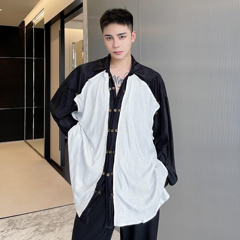 

Men's Casual Shirts Double Layer Removable Pleated Fabric Men Long Sleeve Loose Shirt Male Japanese Harajuku Streetwear Oversize TopMen's, 9716 black