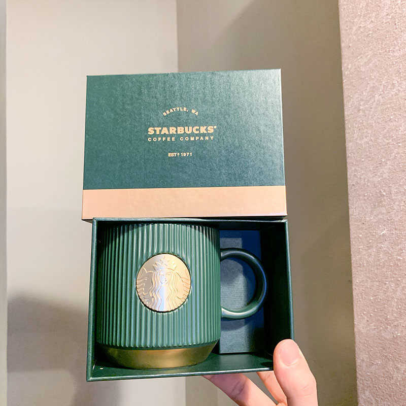 Starbucks cup 2021 dark green stripe goddess copper nameplate ceramic mug adult solid color coffee cup-image-760163894