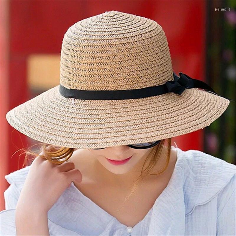 

Wide Brim Hats Sun Small Straw Hat European And American Retro Braided Female Loose Sunscreen Sunshade Flat CapWide, Beige