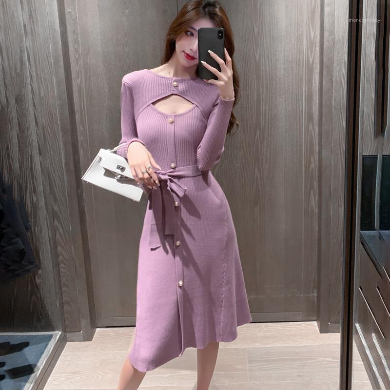

Casual Dresses Winter Women Knitted Dress Single Breasted Hollow Low Chest Full Sleeves Sashes Ladies Knee-length Solid Slim, Black