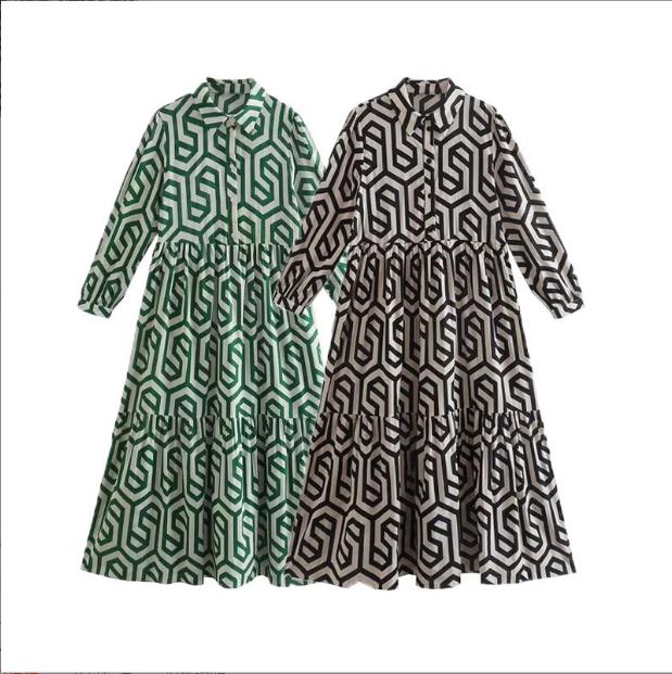 

Women's Dresses New Lapel Geometric Print Neck Waist Long Sleeve Dress, Green
