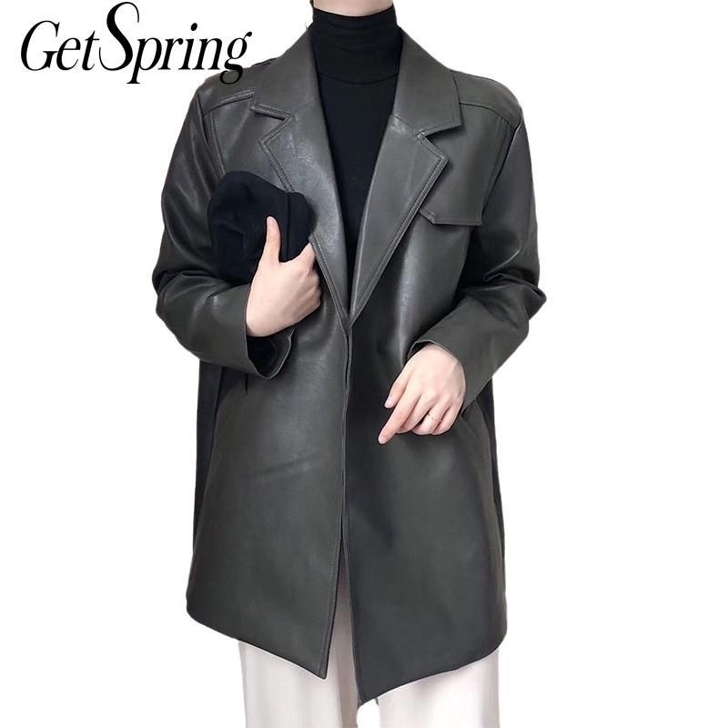 

Getspring Women Motorcycle Jacket Bandage Vintage Faux Leather Jackets Women Casual Winter Long Faux Fur Coats Fashion 201030, Coffee