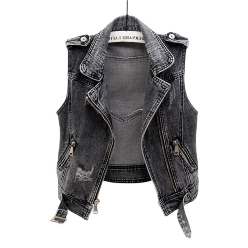 

Denim Women Vest Female Spring Autumn Sleeveless Wild Tops Short Jacket Girls Ripped  Gray Jean Cowboy Waistcoat Hole L220812, Dark grey