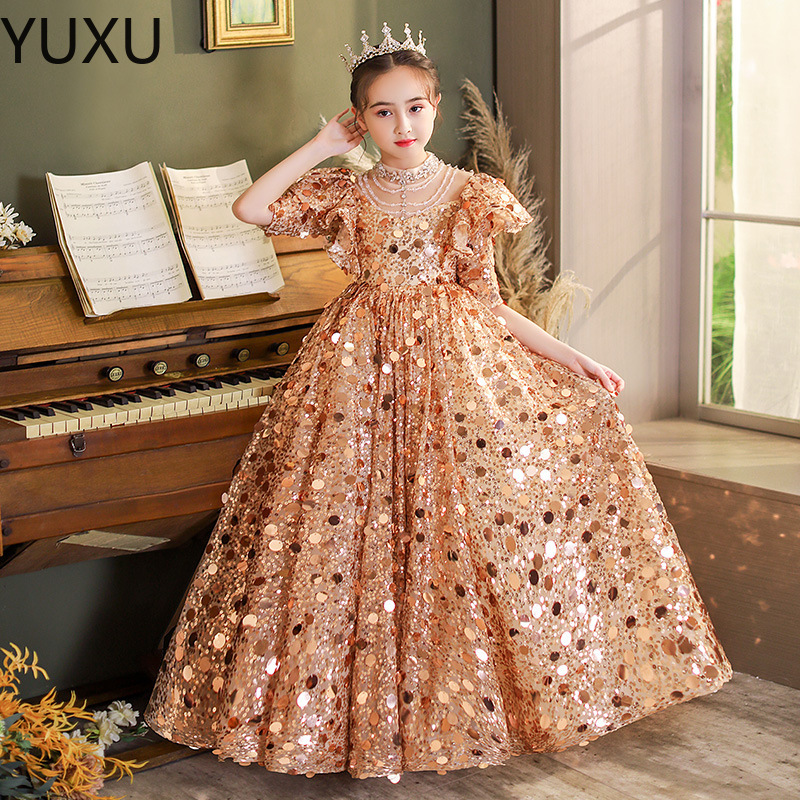 2023 Nouvel An Or Paillettes Fleur Filles Robes pour Mariage Hors Épaule Cap Manches Première Communion Robe enfant en bas âge Enfants Robe De Ba