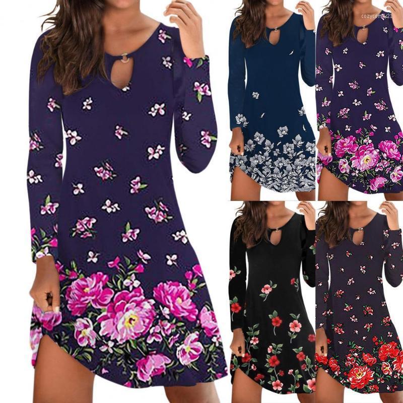 

Casual Dresses Stylish Women Dress O-neck Floral Soft Printed Autumn For Daily Wear Simple Female Ruffled Hem Mini, Black