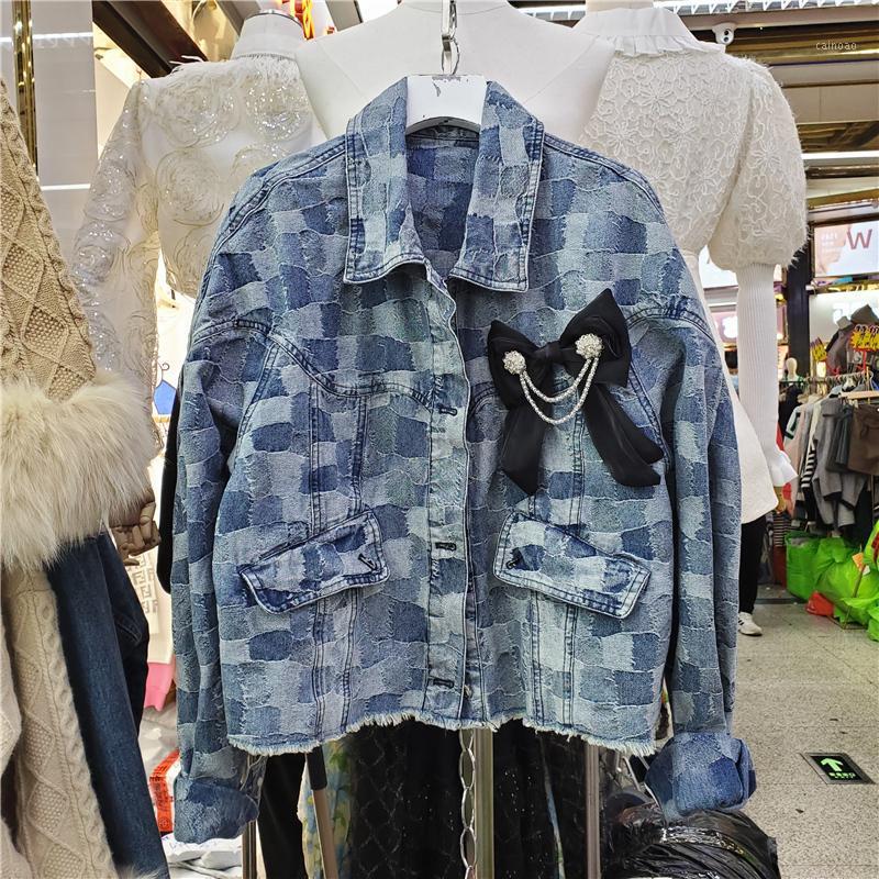 

Women's Jackets 2022 Spring Vintage Plaid Bow Decoration Denim Jacket Women Short Coat Lapel Single Breasted Long Sleeve Jean Streetwear, Blue