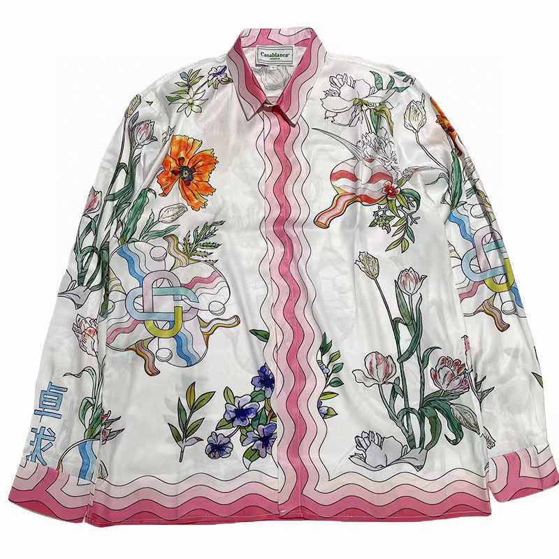 

2022 New Spring Summer Flower Print Silk High Quality Long Sleeve Shirts