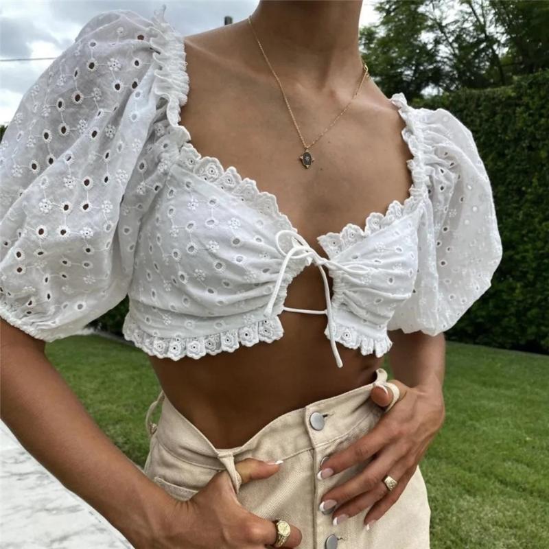 

Women' Blouses & Shirts Sexy White Lace Top Women Elegant Crop Tops Short Sleeve Tie Front Up Blouse Fashion 2022 Summer Puff TopWomen