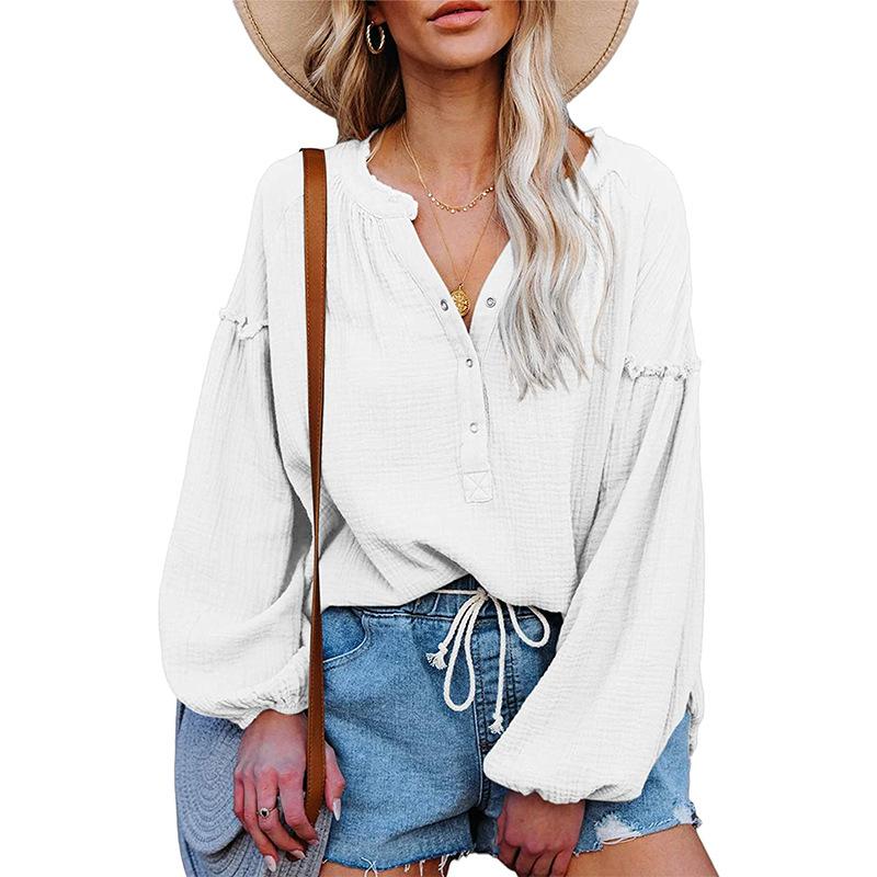 

Women' Blouses & Shirts Colors Lantern Sleeve Women Blouse 2022 European Style V-Neck Buttons Solid Female Tops Spring Autumn Ladies Casual, Army green
