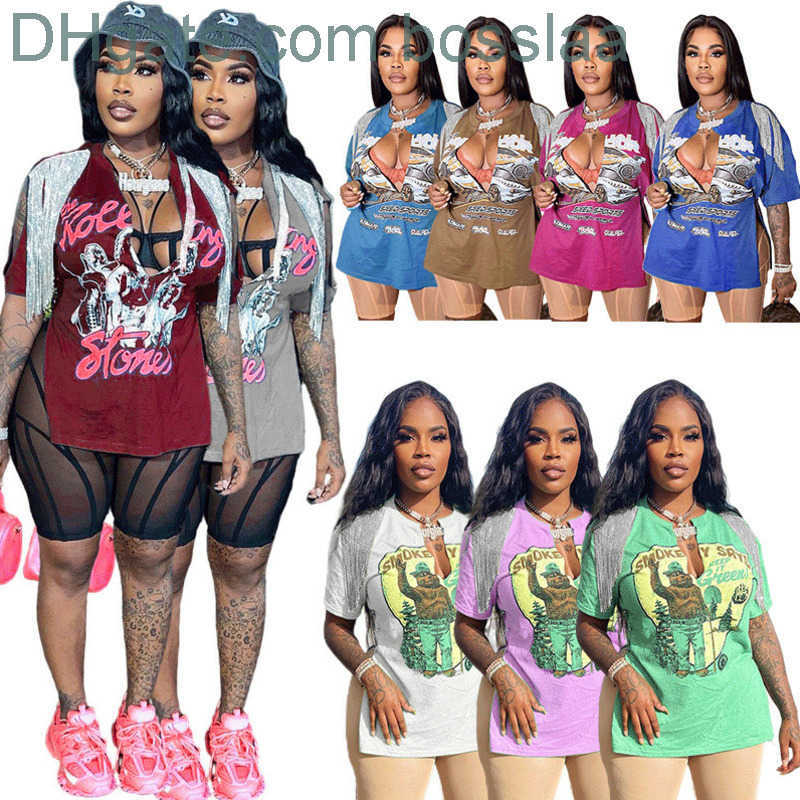 

Womens T Shirts 2022 Designer Summer Casual Clothes Sexy Split Short Sleeve Fashion Tassel Letter Printed Tops Tees, Brown