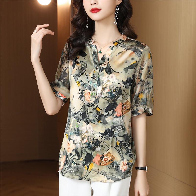 

Women' Blouses & Shirts Silk Women' Blouse Large Size Printing Shirt Summer Short Sleeve Satin Top Female Fashion 2022 Loose Korean St, Photo color