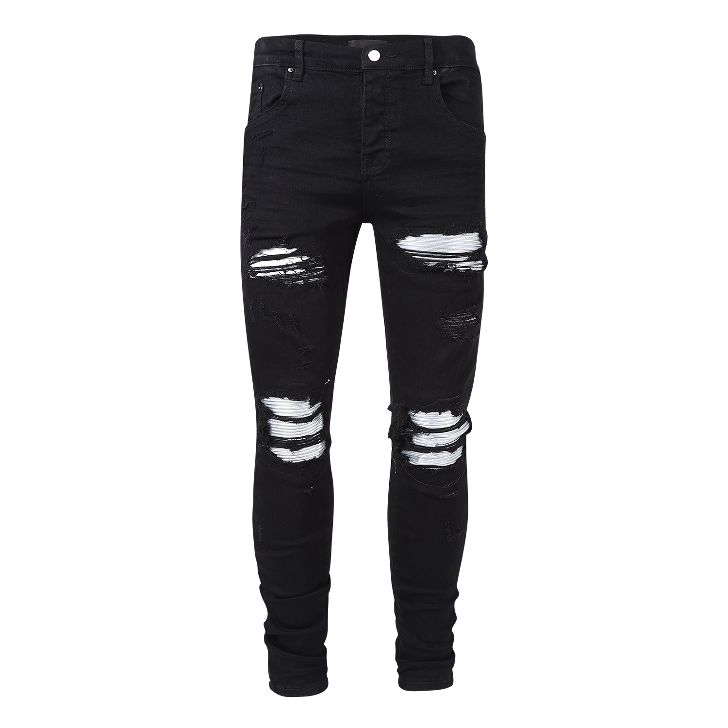 

Ripped jeans patch dark blue washed distressed fold design European and American fashion casual slim trend denim, Black