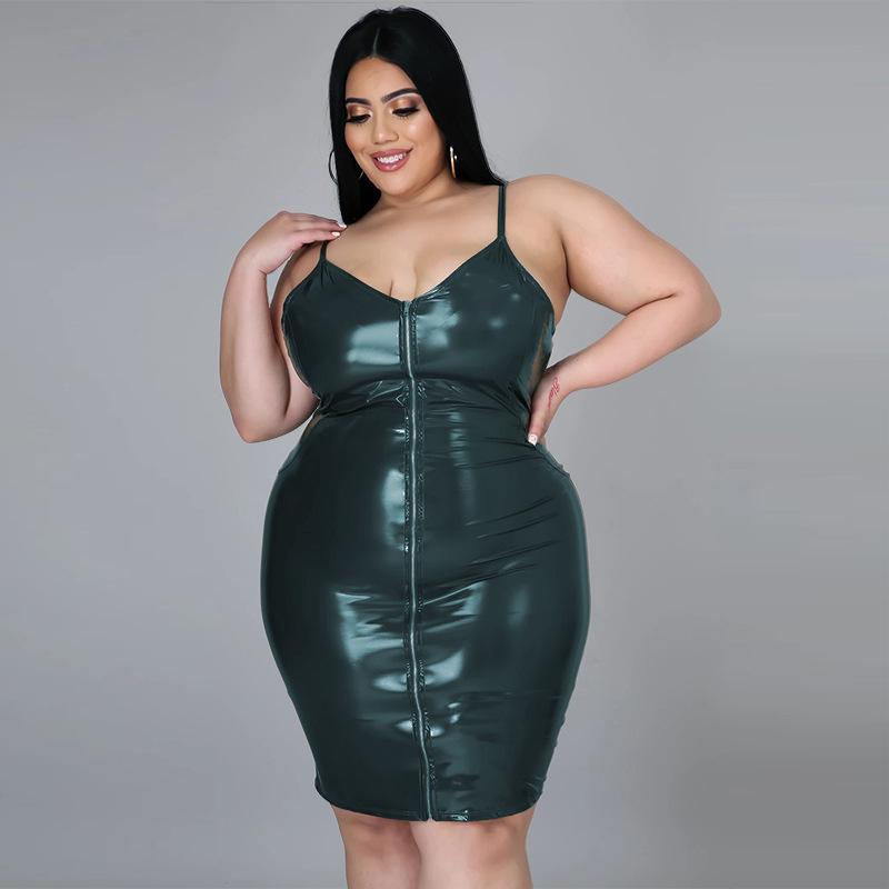 

Plus Size Dresses Dress PU Leather Zipper Up V Neck Solid Sexy Party Women Bodycon Summer 2022 Ladies ClothingPlus, Green