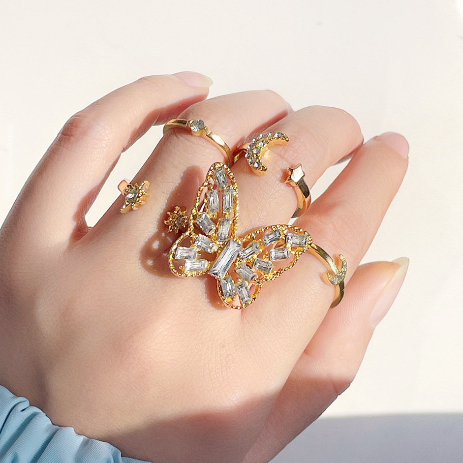 

Women Vintage Butterfly Rhinestone Ring Creative Retro Geometric Open Adjustable Joint Rings Set Fashion Jewelry 5 pcs / set