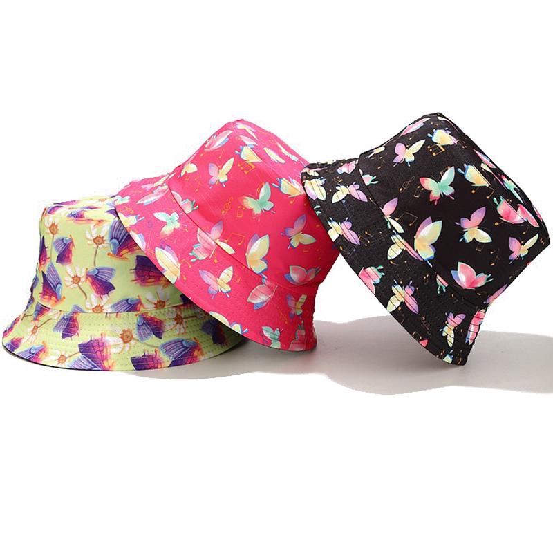 

Berets Summer Harajuku Bucket Hat Women Men Butterfly Print Fishing Fisherman Outdoor Panama Hip Hop Cap Bob Femme GorrasBerets, Black
