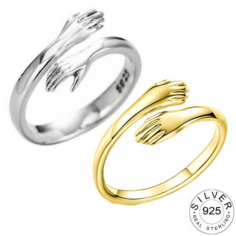 

Cluster Rings 2pcs Good-looking Resizable Trendy 925 Sterling Silver Ring Fine Gold Jewelry Loop Antique Hands Hug Shaped For WomenCluster