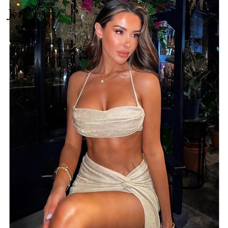 

Casual Dresses Josiaoprah Bling Glitter Women Halter Maxi Dress Silk Party Elegant Sexy Side Slit Evening Festival 2022 Autumn Winter, Black