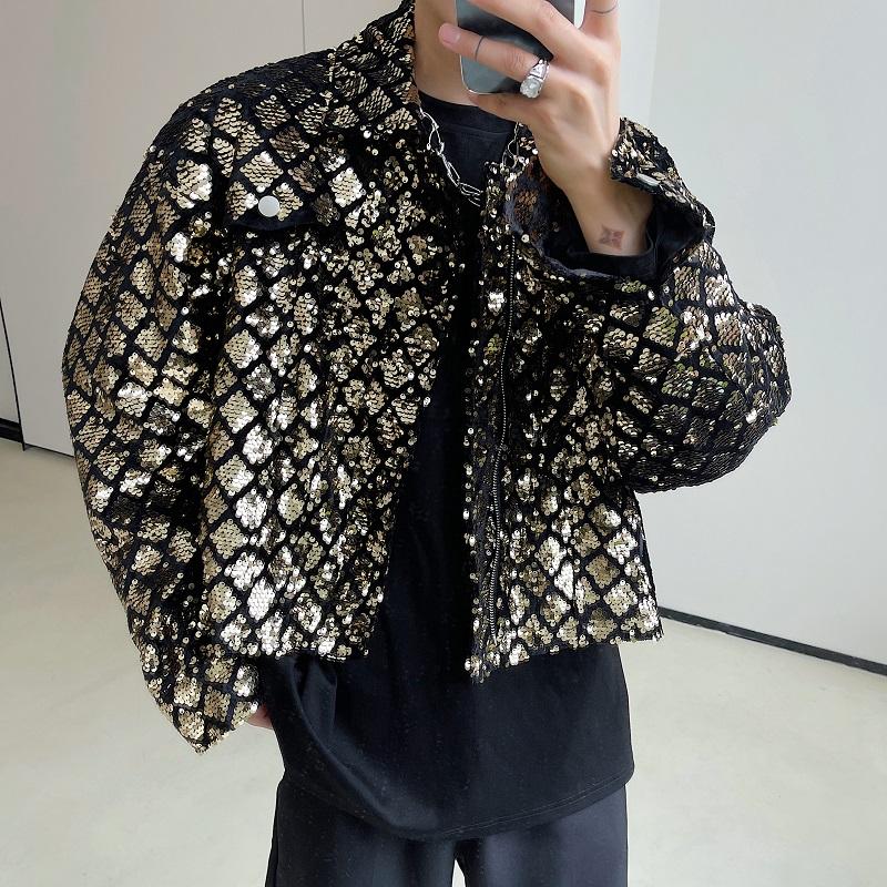 

Male Singer Shiny Gold Sequins Velvet Jacket Bar Stage Zipper Short Loose Coat Nightclub Glitter Sequined Performance Costume