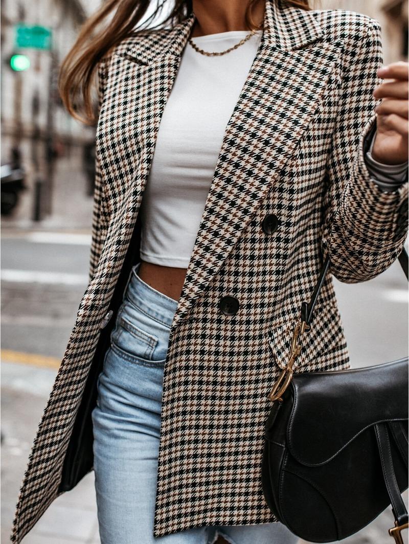 

Plaid Blazer Jacket Women Spring Autumn Long Sleeve Casual Slim Khaki Woman Coats Fall Elegant Office Suit Coat, Style1