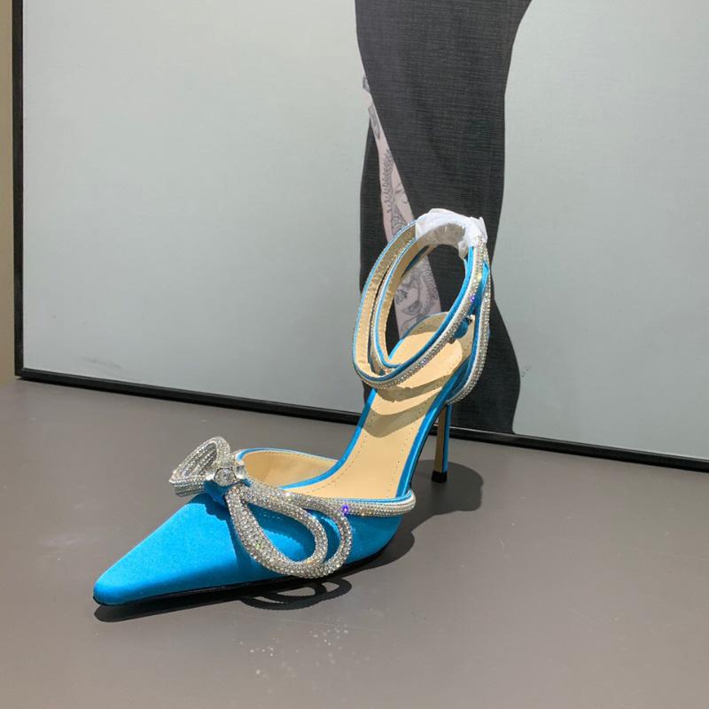 

mach Satin Bow Pumps Crystal Embellished rhinestone Evening shoes stiletto Heels sandals women heeled Luxury Designers ankle strap Dress shoe factory footwear, Blue