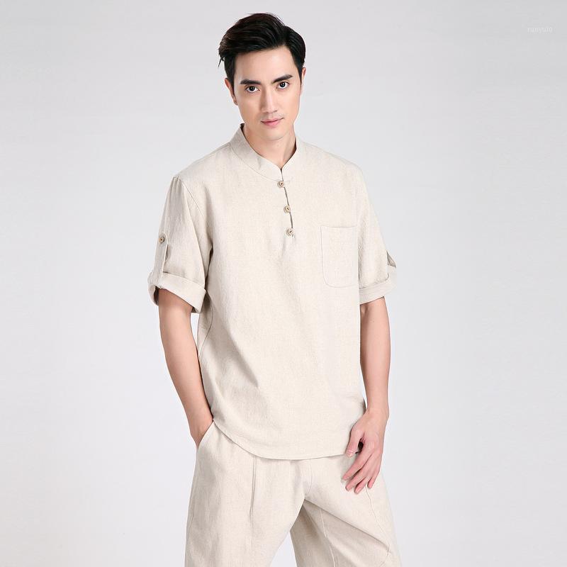 

Summer Fashion Beige Tradition Chinese Men's Cotton Linen Kung-Fu Short Sleeve Shirt Tang Suit  L XL XXL XXXL 2606 Casual Shirts