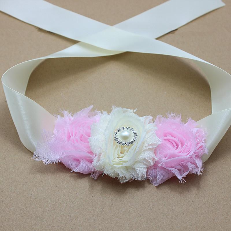 

Belts Wedding Baby PINK And Ivory Shabby Flower Sash Belt Bridesmaid Bridal Tullepearl Dress Girl Accessories