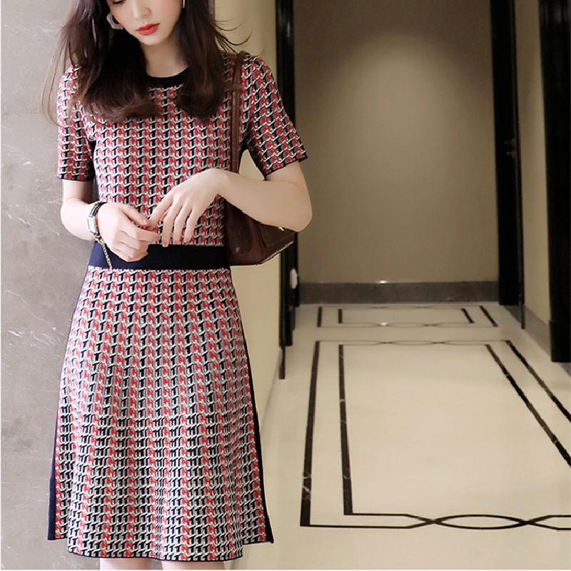 

Casual Dresses One Piece Ladies Summer French Retro Contrast Color Temperament Slim Fit Knitted Dress Celebrity Short Sleeve Bird Lattice, Black;gray