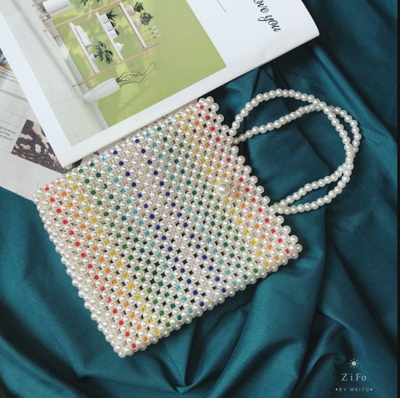 

Evening Bags Ins Sweet Lady Handbag Pearl 2022 Travel Holiday Braided Small Square Bag Simple Bead Hollow-out BagEvening, As picture