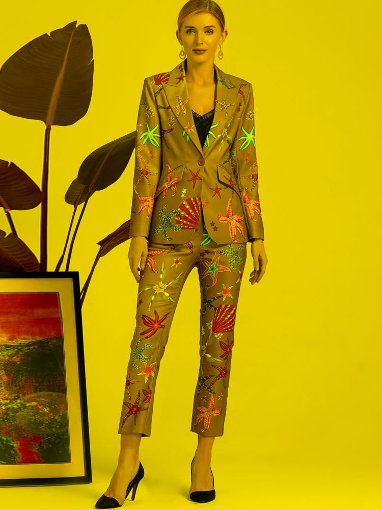 

Women' Two Piece Pants Red RoosaRosee Green Print Turn-down Collar Diamonds Long Sleeve Blazer Pencil Autumn Sets 2022 Women Suit TwinsetWo