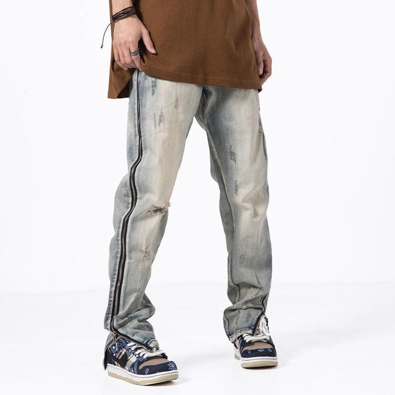 

Men' Jeans Men Slim Vibe Style Hip Hop Harajuku Streetwear Pants Side Long Zipper Retro Washed Casual Denim TrousersMen, 3083