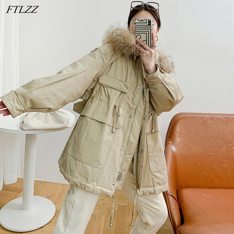 

Women' Down & Parkas FTLZZ Winter Large Natural Fur Collar Hooded Jacket Women 90% White Duck Coat Thickness Warm Waist Retractable Outwear, Black