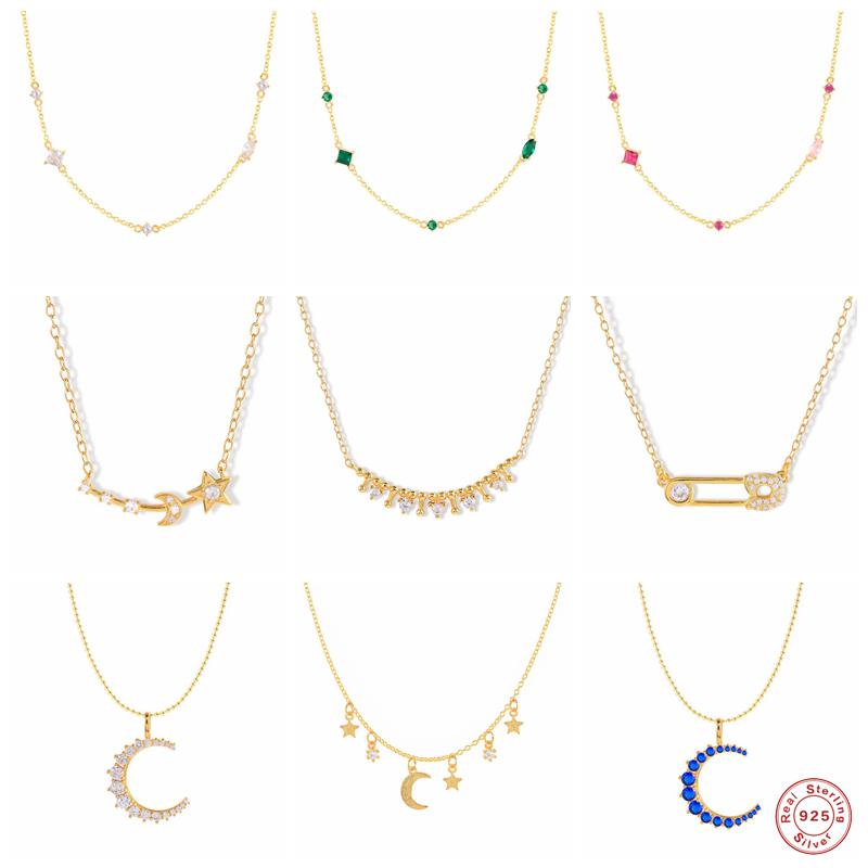 

Other Aide 925 Sterling Silver Unique Safety Pin Brooch Charm Necklace For Women Colored Zircon Moon Star Pendant Choker Party JewelryOther