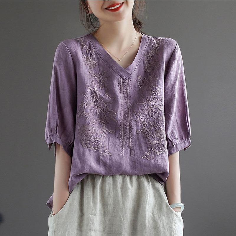 

Women's Blouses & Shirts Literary Retro Summer Women Blouse Cotton Linen Half Sleeve Embroidery Loose V Neck Ladies Tops Blusas MujerWomen's, Green