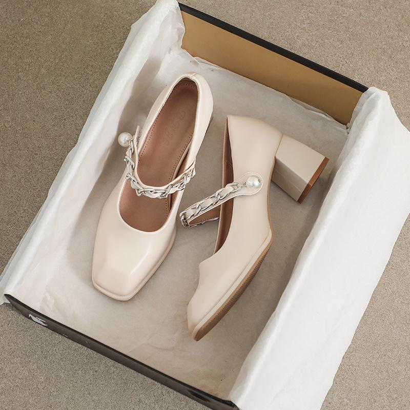 

Dress Shoes Block Heels Women White Mary Janes Elegant Office Ladies Spring Female Feetwear Zapatos De Mujer Plus Size 43Dress, Beige