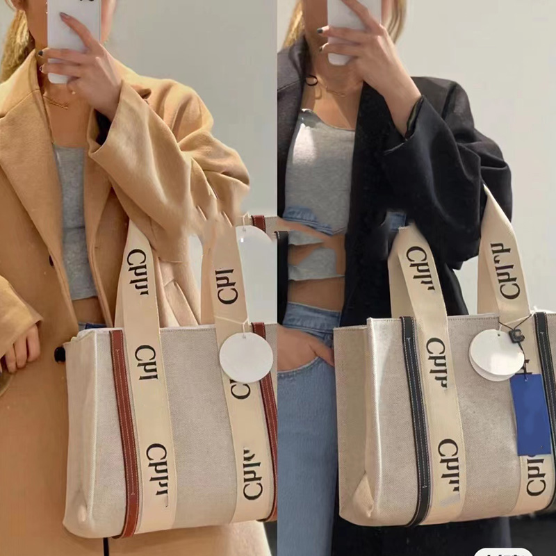 

New Designer Bags Woody Logo Print Webbing Cotton Canvas splicing Glossy Calfskin Tote Bag Shoulder Bags, Black