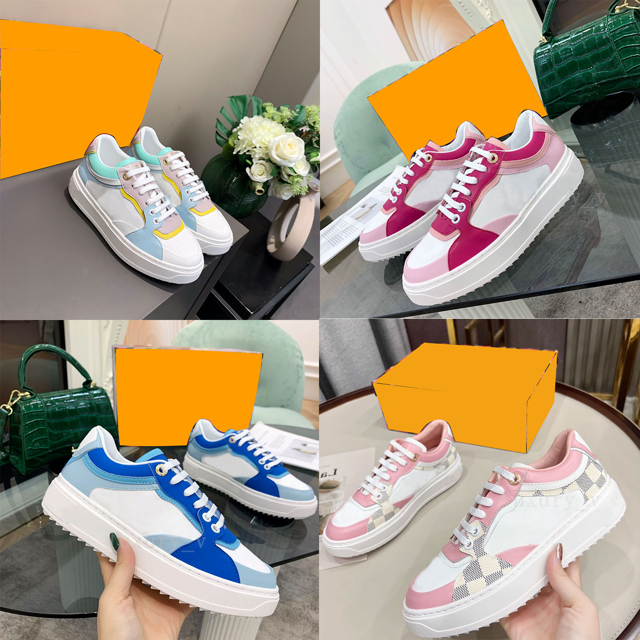 

Designer Casual Shoes Time Out Sneakers Old Flower Macarone Sports Sneaker 22SS Women Small White Shoe Embossed Pattern Thick Bottom Lace Up Leather Low Top Shoes, Color 1