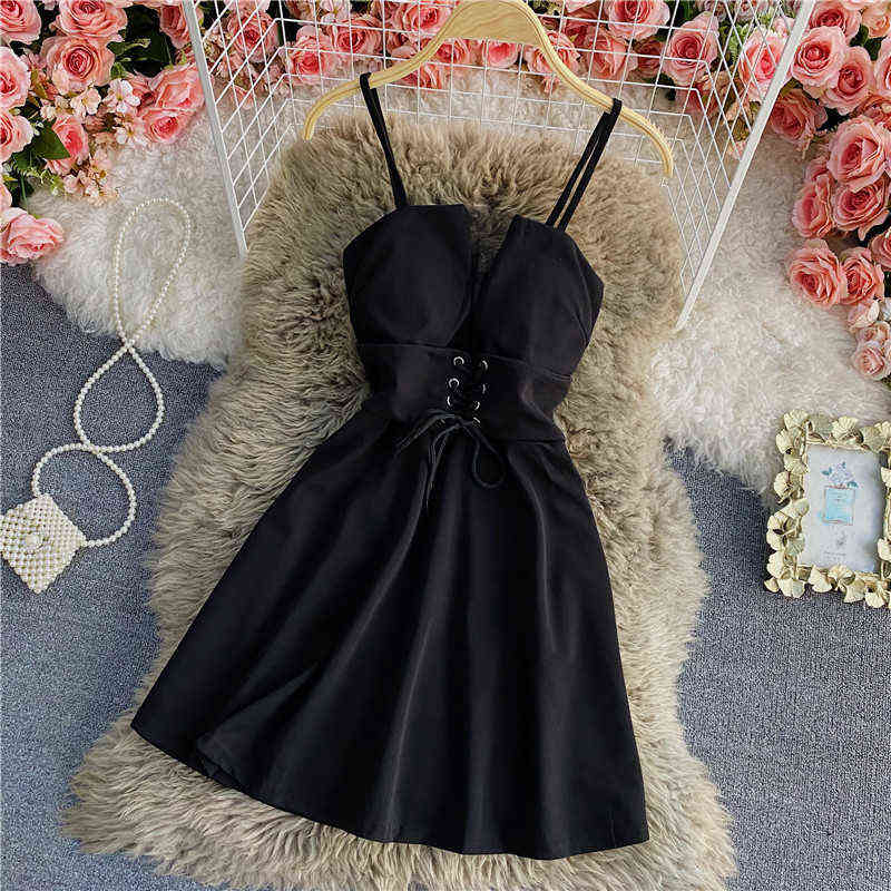 

Summer New Sexy Backless Strapless Women Dress Fashion V-Neck A-Line Spaghetti Strap Mini Dresses Female Solid Color Club Wear Y220401, Black