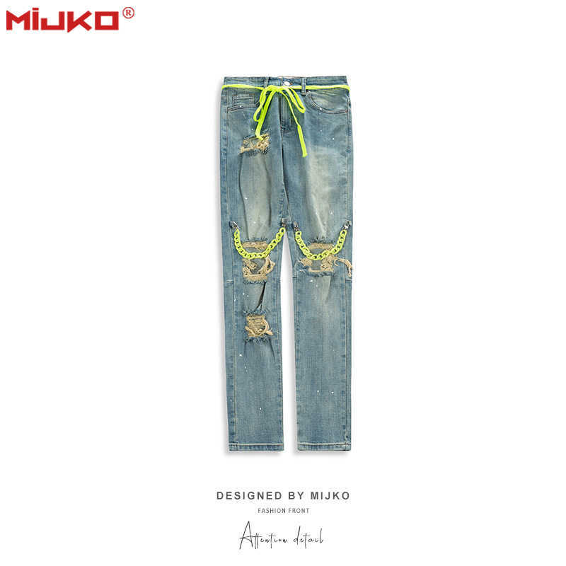 

Men's Jeans Mijko men's wear women's autumn and winter new high street washing water old hole chain pants men's and women's same jeans fashion, Black